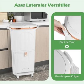 Caixote do lixo de 38 L com duas camadas, 2 caixotes removíveis, pedal e rodas para sala, cozinha e casa de banho, branco