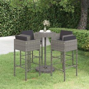 vidaXL 5 pcs conjunto de bar p/ jardim c/ almofadões vime PE cinzento