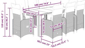 9 pcs conjunto bistrô de jardim c/ almofadões vime PE cinzento