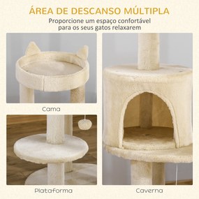 Árvore Arranhador para Gatos com Plataforma Caverna Postes de Sisal e Bola Suspensa 48x48x104 cm Bege