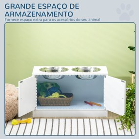 Comedouro Elevado para Cães Grandes com 2 Tigelas de 2000ml de Aço Inoxidável 2 Portas e Armazenamento 60x30x35,5cm Branco