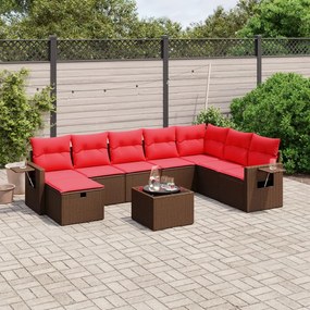 vidaXL 9 pcs conjunto sofás p/ jardim c/ almofadões vime PE castanho