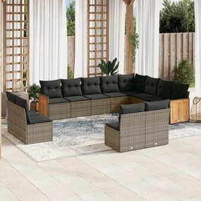 12 pcs conjunto de sofás jardim c/ almofadões vime PE cinzento