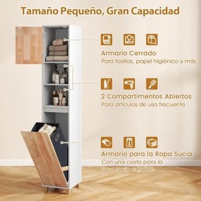 Armário para roupa suja para casa de banho 32 x 31 x 170,5 cm com portas em madeira de borracha Estante de 3 níveis e cesto para roupa suja Branco + N