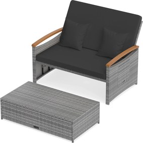 Conjunto de Sofá-Cama de 2 Lugares e Pufe, 164 x 72-111 x 54,5-88 cm, Encosto Ajustável em 4 Níveis, Cinzento + Preto
