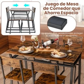 Conjunto de móveis de cozinha de 5 peças com mesa de jantar retangular industrial 4 cadeiras Estante para arrumação e estrutura metálica Castanho rúst