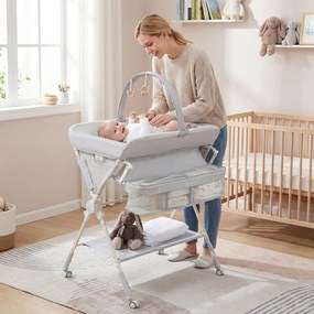 Mudador fraldas dobrável com banheira, 3 alturas ajustáveis, rodas com travão, brinquedos e espaço de arrumação, portátil para recém-nascidos, cinzent