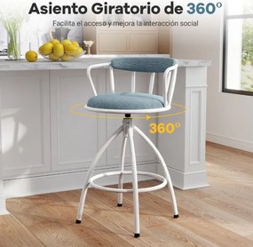 Conjunto de 2 bancos de bar giratórios estofados com encosto e apoio para os pés, estrutura metálica, para cozinha, bar, casa ou sala de jantar, azul