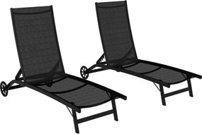Outsunny Conjunto de 2 espreguiçadeiras em alumínio e textileno com rodas encosto reclinável carga máx. 150 kg preto | Aosom Portugal
