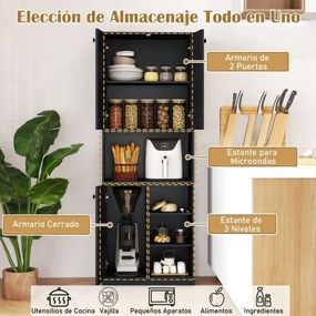 Armário de Cozinha para despensa 166 cm de altura e suporte para micro-ondas com portas e prateleiras Preto