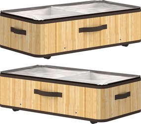 Conjunto de 2 Caixas de Arrumação para Debaixo da Cama com Rodas, 60 L, Tampa Transparente e Asa, Estrutura Metálica, 78,5x43x23 cm, Natural