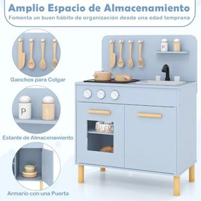 Cozinha de brincar infantil 55 x 31 x 75 cm com luzes, sons, fogão, forno e acessórios de madeira. Presente para crianças com mais de 3 anos. Azul