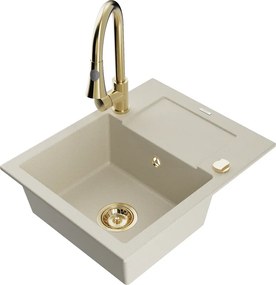 Mexen Enzo lava-louça de granito de uma bacia com escorredor e torneira de cozinha Elia, bege - 6506-69-670101-50