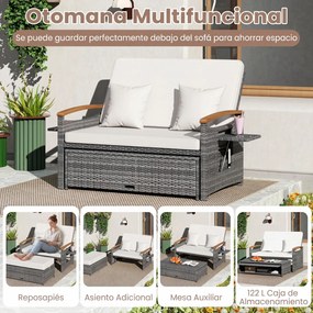 Conjunto de Sofá-Cama de Jardim com Otomano e Mesas Laterais, 164 x 72-111 x 54,5-88 cm, Encosto Ajustável em 4 Níveis, cinzento e Branco