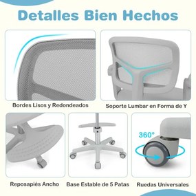 Cadeira de escritório para crianças com apoios de braços, apoio para os pés e rodas universais com altura ajustável 57 x 55 x 80-91 cm Cinza