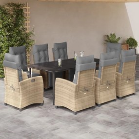 vidaXL 9 pcs conj. jantar jardim c/ almofadões vime PE bege misturado