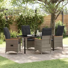 vidaXL Conjunto de Jantar de Jardim com 5 Peças com Almofadas de Rattan Cinza