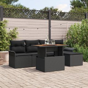 Conjunto de Sofás de Jardim de 6 Peças com Almofadas Preto Rattan Poliéster