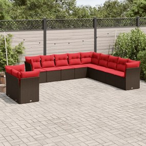 vidaXL 11 pcs conjunto sofás de jardim c/ almofadões vime PE castanho