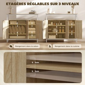 Aparador 100 x 35 x 88 cm, móvel de arrumação de cozinha ou sala com 3 portas, compartimento aberto e 4 prateleiras ajustáveis, madeira cor natural