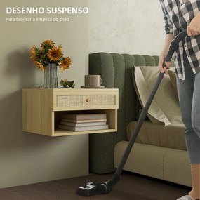 Conjunto de 2 Mesas de Cabeceiras Suspensas com Compartimento Aberto e Gaveta com Frente em Vime 40x34x23 cm Madeira