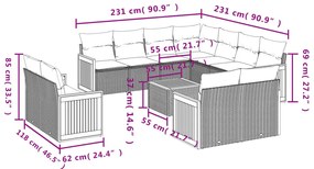 12 pcs conjunto de sofás jardim c/ almofadões vime PE cinzento