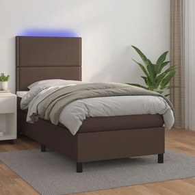 vidaXL Cama box spring c/ colchão/LED 80x200 cm couro artif. castanho