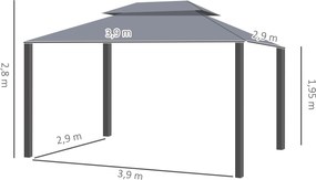 Tenda de Jardim 4x3m Pavilhão com Telhado Duplo Estrutura de Alumínio UPF50+ para Exterior Cinzento