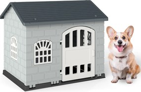 Casota de plástico para cães com 3 janelas e porta com fechadura, telhado inclinado, para interior e exterior, 75 x 58 x 65 cm, Cinzento