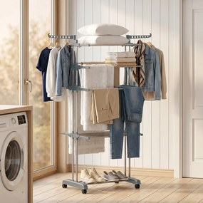 Estendal de roupa dobrável de 5 níveis com rodas 73 (L) x 64 (P) x 172 (A) cm, estendal de interior com abas laterais, estrutura em aço, cinzento