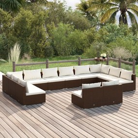 vidaXL 12 pcs conjunto lounge de jardim c/ almofadões vime PE castanho