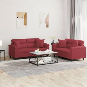 vidaXL 2 pcs conjunto sofás c/ almofadas couro artif. vermelho tinto