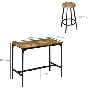 Conjunto de Móveis Altos de Bar com 5 Peças Mesa de Refeição Industrial e 4 Bancos Redondos Castanho Rústico e Preto