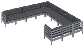 11 pcs conjunto lounge de jardim c/ almofadões pinho cinza
