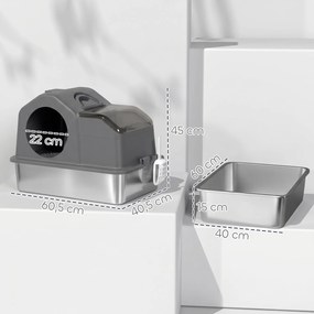 Caixa de Areia para Gatos Fechada XL em Aço Inox com Tampa, Pá, Tapete Recolhedor de Areia, Cinzento Scuro