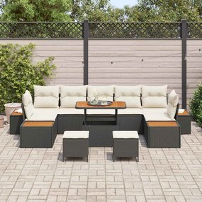 Conjunto de Sofás de Jardim com 10 Peças e Almofadas Preto Ratan de Po