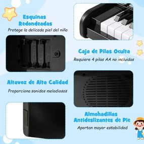 Piano de brincar com 25 teclas para crianças 38 x 24 x 29 cm, com suporte e modo de aprendizagem, velocidade e volume ajustáveis, design em madeira pr