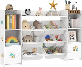 Móvel de arrumação infantil 140 x 30 x 90 cm, estante para brinquedos com 8 caixas removíveis, branco