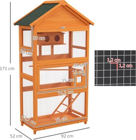 Gaiola de pássaros em madeira com área de recreação e telhado impermeável em asfalto, 92 x 52 x 171 cm, cor laranja