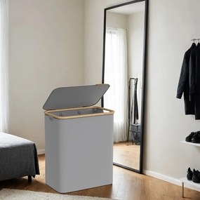 Cesto de bambu para roupa suja de 150 litros com 3 compartimentos 60 x 38,5 x 70,5 cm cinzento