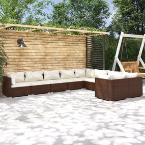 vidaXL 9 pcs conjunto lounge jardim c/ almofadões vime PE castanho