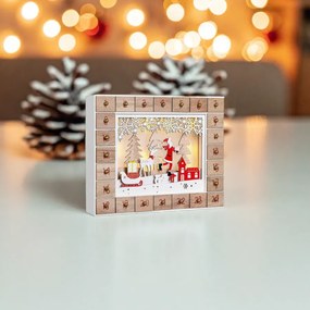 Calendário do Advento Pai Natal em madeira com LED 35 x 6 x 27 cm Branco quente + Castanho