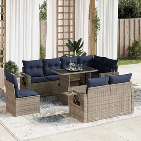 9 pcs conj. sofás jardim c/ almofadões vime PE/acácia castanho