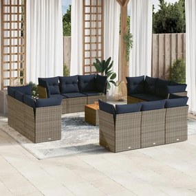 vidaXL 13 pcs conjunto sofás p/ jardim c/ almofadões vime PE cinzento