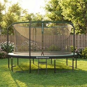 Trampolim redondo 427 cm com rede, estrutura almofadada e Escada Preto-verde escuro