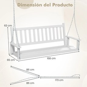 Banco de baloiço com 3 lugares 168 x 65 x 63 cm suspenso de madeira de choupo para jardim, Correntes ajustáveis Branco