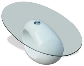 Mesa de centro com tampo oval de vidro, branco brilhante