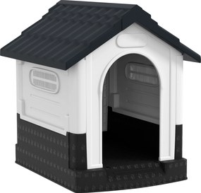 Casa para Cães Mini de Exterior em Plástico com 3 Janelas Base Elevada Telhado Inclinado 64,5x57x66 cm Cinzento Escuro