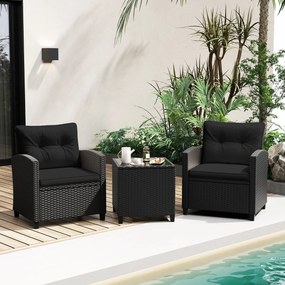 Conjunto de móveis de jardim de 3 peças de rattan com almofadas de assento e encosto e Mesa de centro de vidro temperado preto / preto