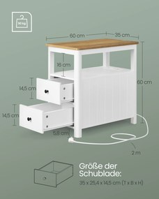 Mesa de apoio, mesa cabeçeira estreita com 2 tomadas eléctricas, 2 portas USB 60 x 35 x 60 cor nogueira castanho-branco